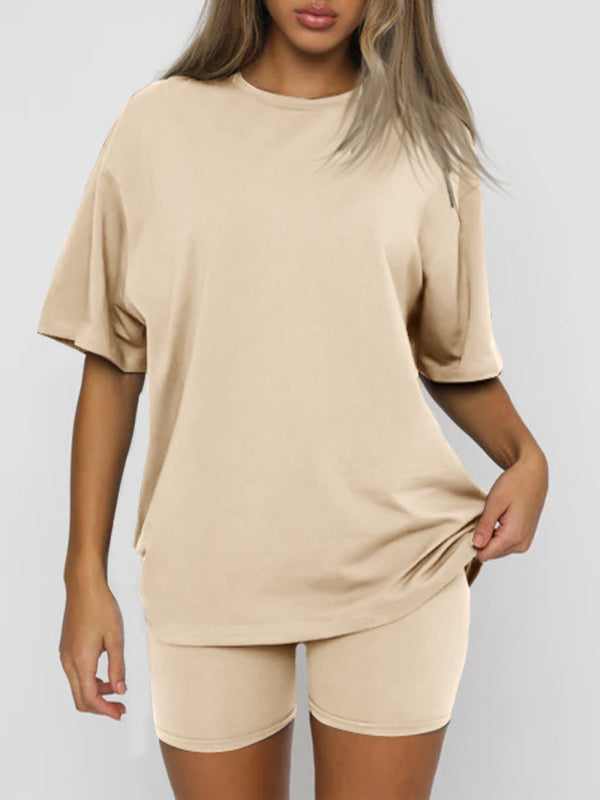Women's solid color casual short-sleeved + shorts two-piece sets - THE QUEEN RUNWAY