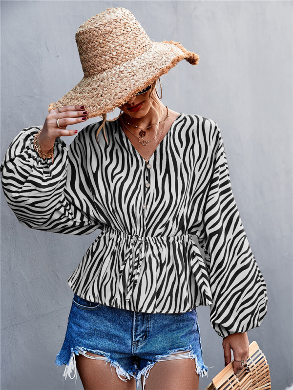 Women's Zebra Print Button-front V-neck Long-sleeve BlouseTHE QUEEN RUNWAY