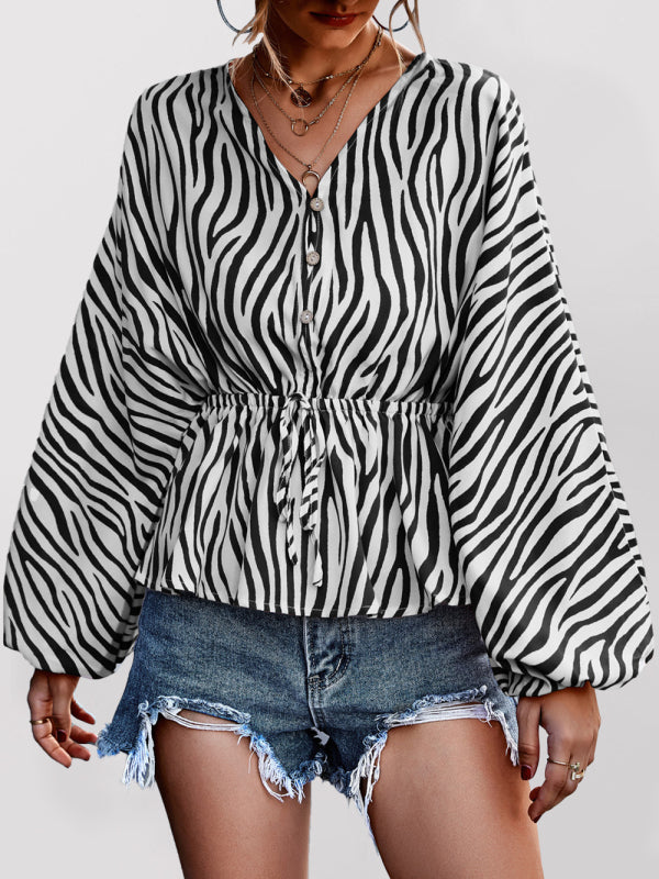 Women's Zebra Print Button-front V-neck Long-sleeve BlouseTHE QUEEN RUNWAY