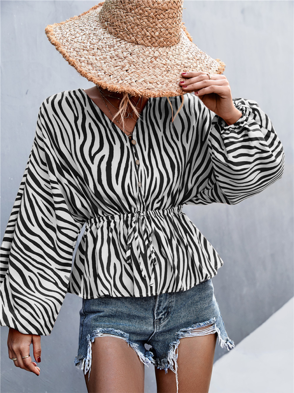 Women's Zebra Print Button-front V-neck Long-sleeve BlouseTHE QUEEN RUNWAY
