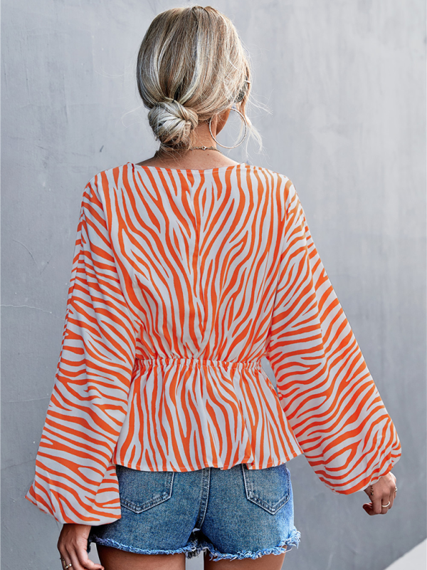 Women's Zebra Print Button-front V-neck Long-sleeve BlouseTHE QUEEN RUNWAY