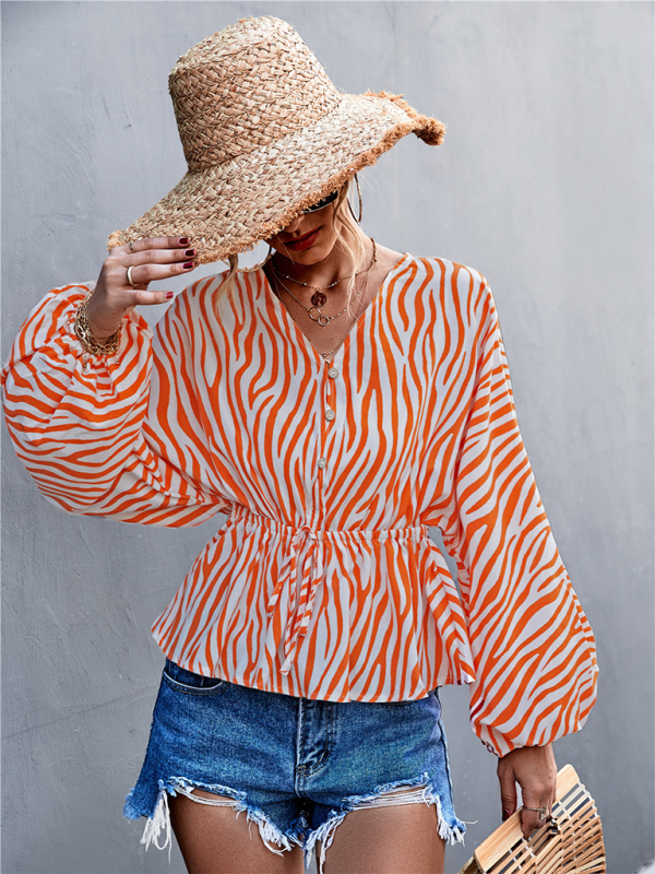 Women's Zebra Print Button-front V-neck Long-sleeve BlouseTHE QUEEN RUNWAY