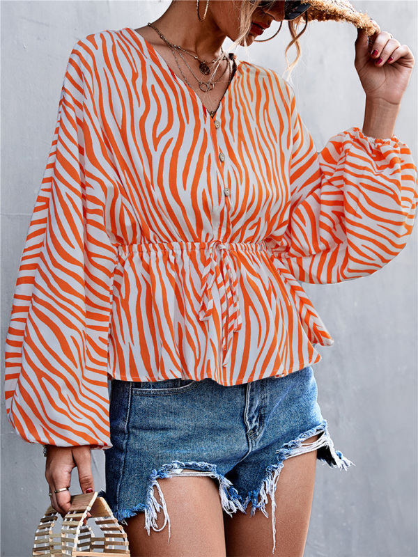 Women's Zebra Print Button-front V-neck Long-sleeve BlouseTHE QUEEN RUNWAY