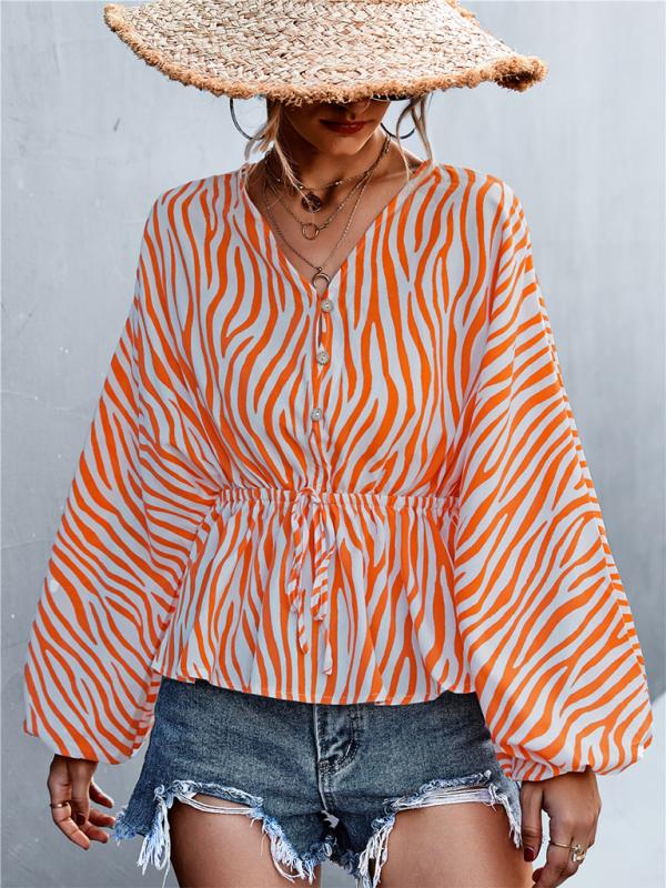 Women's Zebra Print Button-front V-neck Long-sleeve BlouseTHE QUEEN RUNWAY