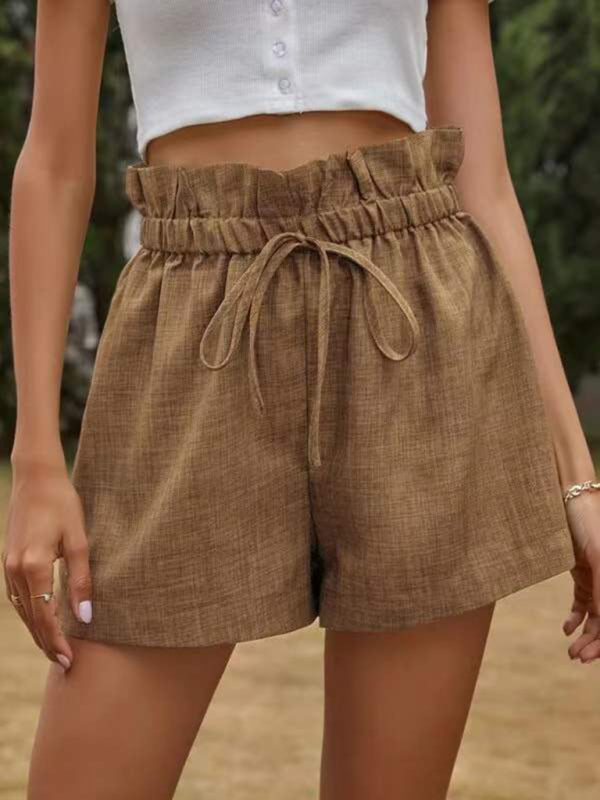 Women's Solid Color Textured Ruffled Drawstring Pull-on ShortsTHE QUEEN RUNWAY