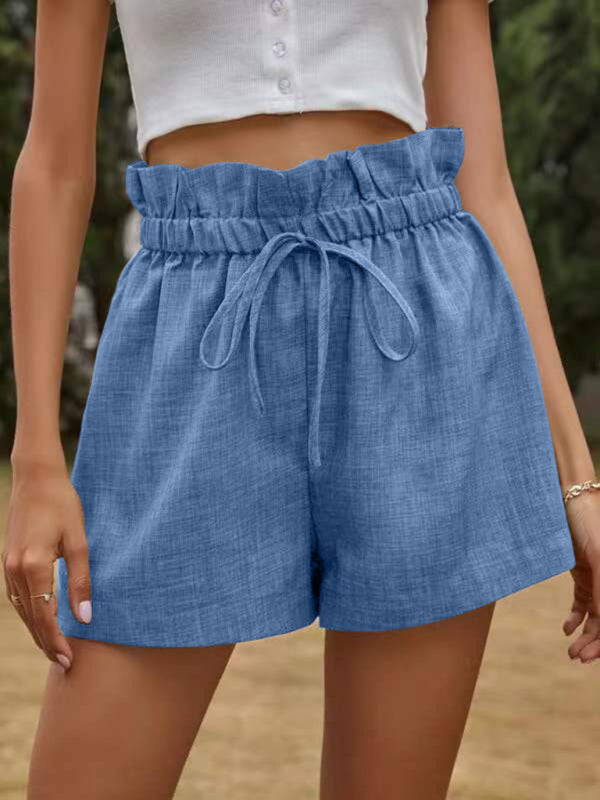 Women's Solid Color Textured Ruffled Drawstring Pull-on ShortsTHE QUEEN RUNWAY