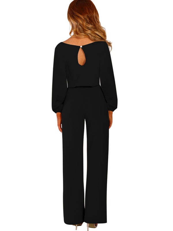 Women's Solid Color Crewneck Long Puff Sleeve Waist Tie Jumpsuit PantsTHE QUEEN RUNWAY