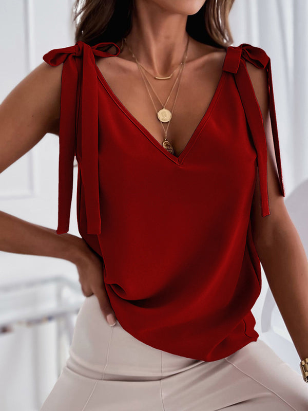 Women's Solid Color V-neck Knit Tank Top With Lace-up Bow - THE QUEEN RUNWAY