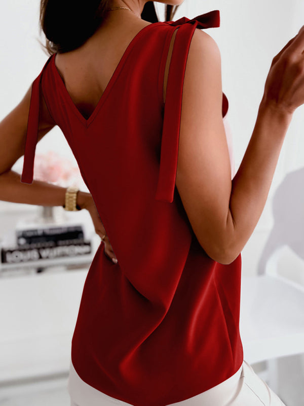 Women's Solid Color V-neck Knit Tank Top With Lace-up Bow - THE QUEEN RUNWAY