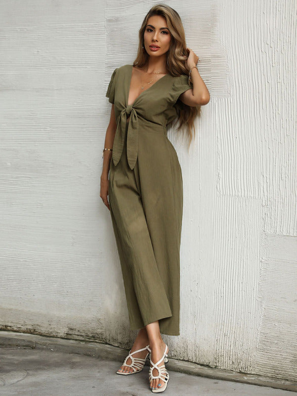 Women's woven V-neck short-sleeved casual straight cropped jumpsuit - THE QUEEN RUNWAY