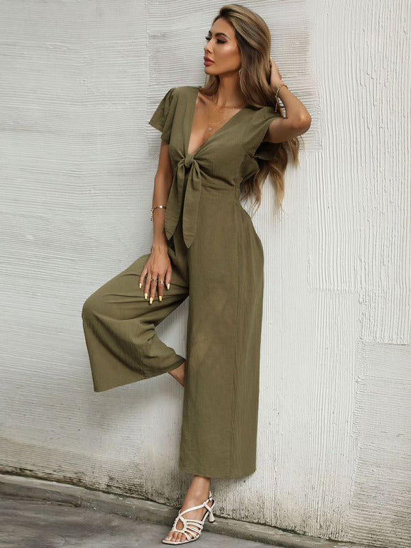 Women's woven V-neck short-sleeved casual straight cropped jumpsuit - THE QUEEN RUNWAY