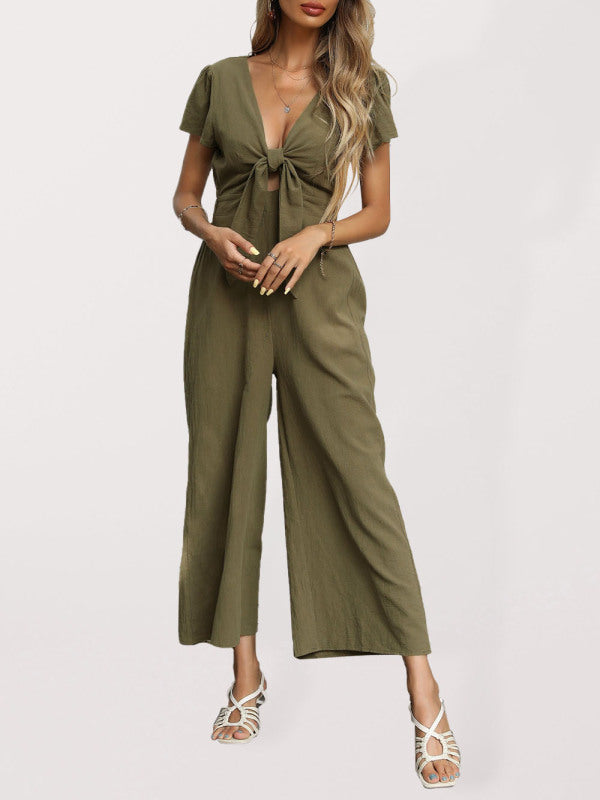 Women's woven V-neck short-sleeved casual straight cropped jumpsuit - THE QUEEN RUNWAY