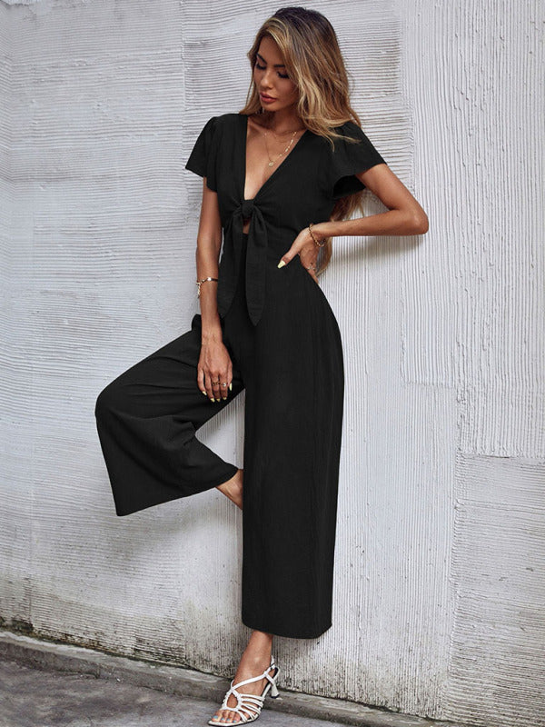 Women's woven V-neck short-sleeved casual straight cropped jumpsuit - THE QUEEN RUNWAY