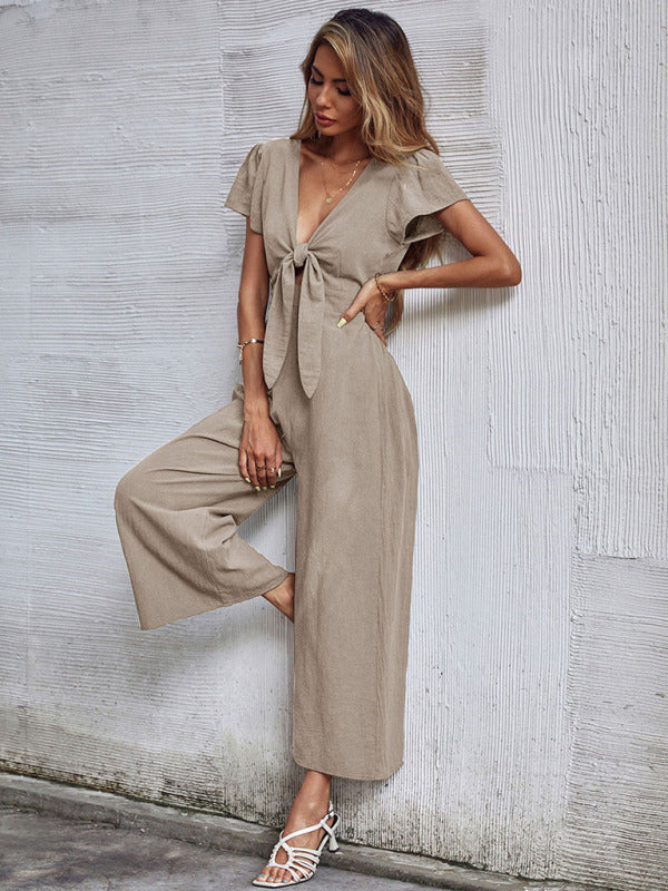 Women's woven V-neck short-sleeved casual straight cropped jumpsuit - THE QUEEN RUNWAY