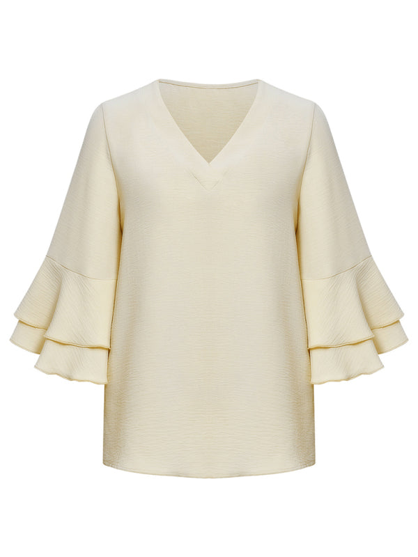 New foreign trade solid color loose V-neck lotus leaf sleeve top womenTHE QUEEN RUNWAY