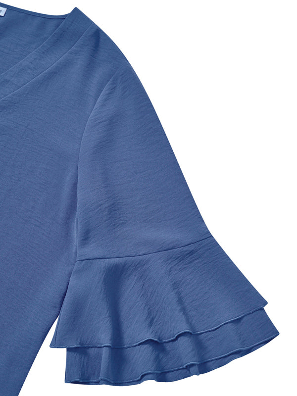 New foreign trade solid color loose V-neck lotus leaf sleeve top womenTHE QUEEN RUNWAY
