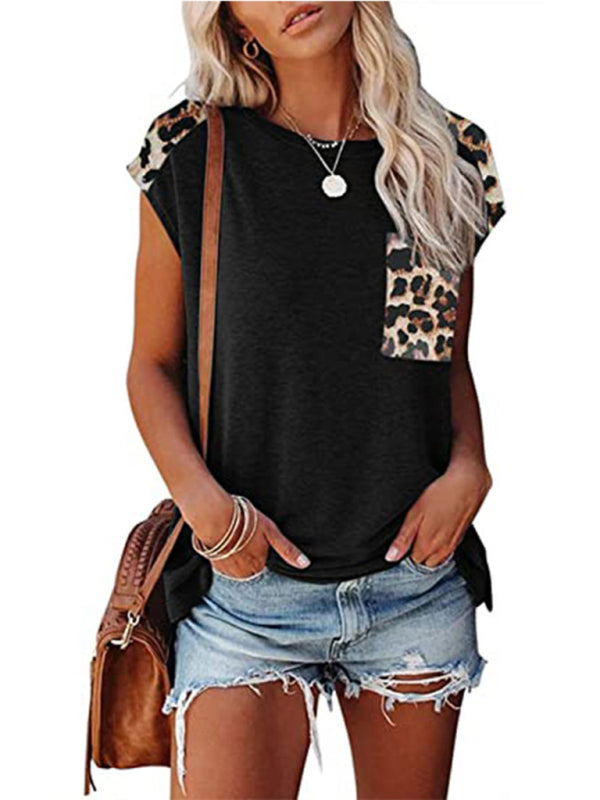 Round neck paneled leopard pocket raglan sleeve casual T-shirt - THE QUEEN RUNWAY