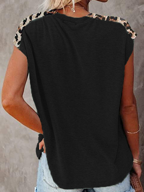 Round neck paneled leopard pocket raglan sleeve casual T-shirt - THE QUEEN RUNWAY