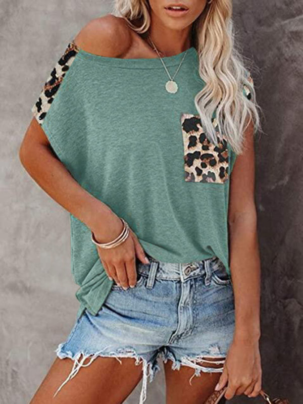 Round neck paneled leopard pocket raglan sleeve casual T-shirt - THE QUEEN RUNWAY