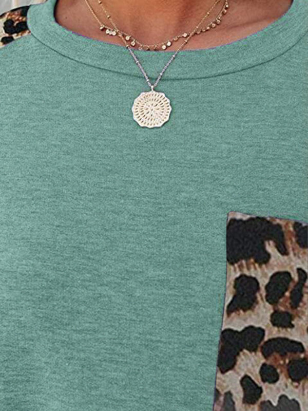 Round neck paneled leopard pocket raglan sleeve casual T-shirt - THE QUEEN RUNWAY