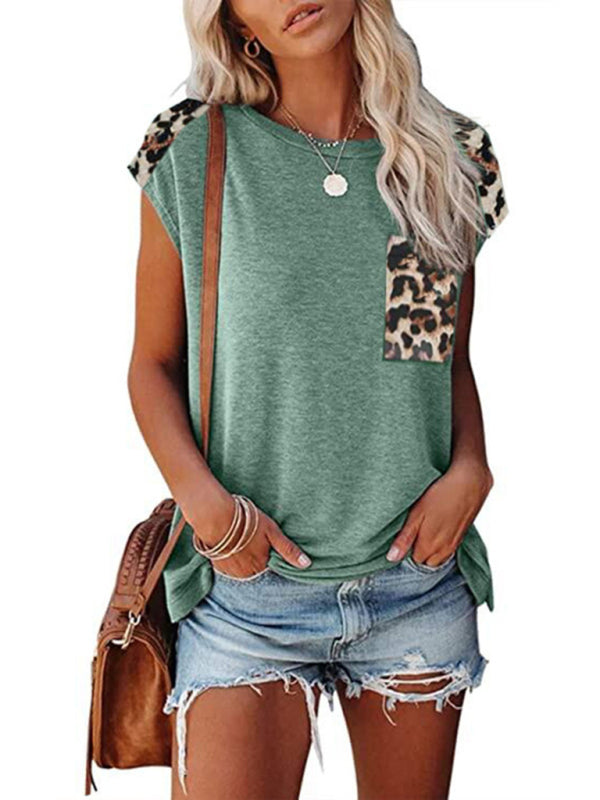 Round neck paneled leopard pocket raglan sleeve casual T-shirt - THE QUEEN RUNWAY