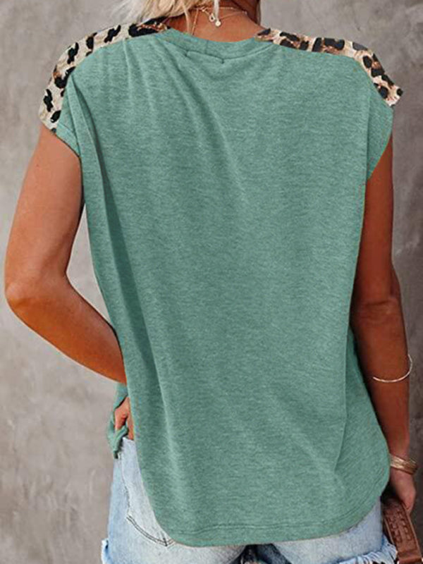 Round neck paneled leopard pocket raglan sleeve casual T-shirt - THE QUEEN RUNWAY