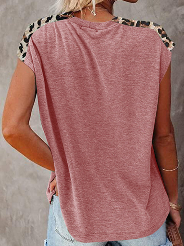 Round neck paneled leopard pocket raglan sleeve casual T-shirt - THE QUEEN RUNWAY