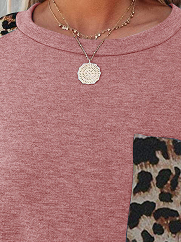 Round neck paneled leopard pocket raglan sleeve casual T-shirt - THE QUEEN RUNWAY