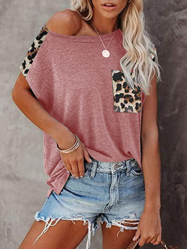 Round neck paneled leopard pocket raglan sleeve casual T-shirt - THE QUEEN RUNWAY