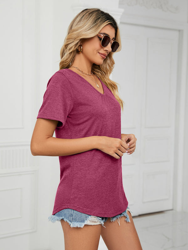 Short Sleeve V Neck Gathered Solid Color Loose T-Shirt Top LadiesTHE QUEEN RUNWAY