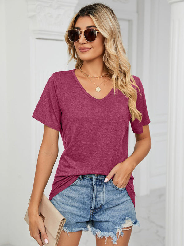 Short Sleeve V Neck Gathered Solid Color Loose T-Shirt Top LadiesTHE QUEEN RUNWAY