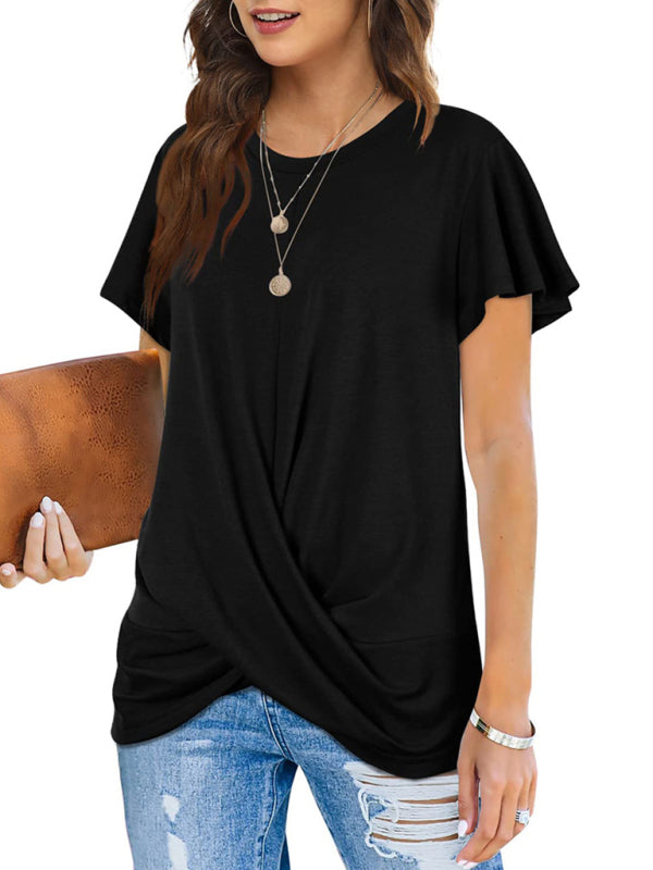 Explosive round neck solid color hem kink short-sleeved T-shirt - THE QUEEN RUNWAY