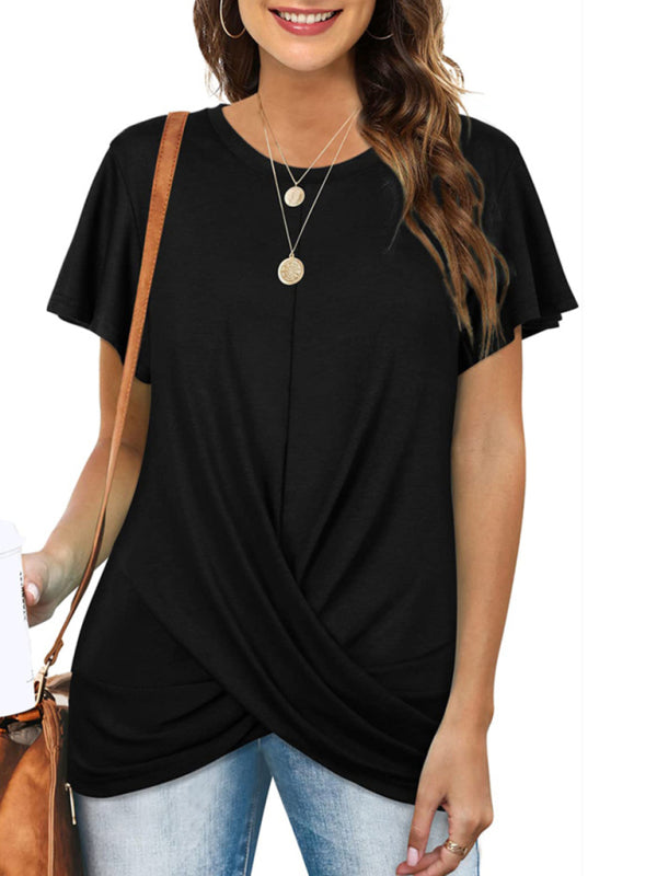 Explosive round neck solid color hem kink short-sleeved T-shirt - THE QUEEN RUNWAY