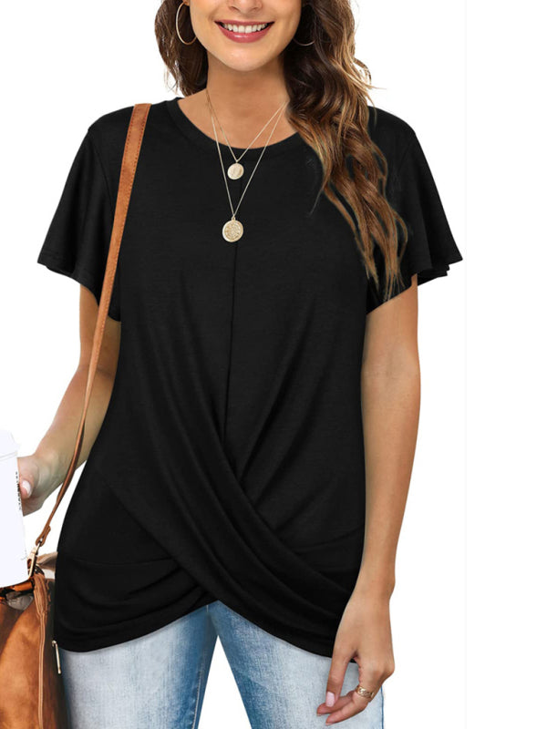 Explosive round neck solid color hem kink short-sleeved T-shirt - THE QUEEN RUNWAY
