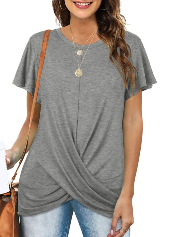 Explosive round neck solid color hem kink short-sleeved T-shirt - THE QUEEN RUNWAY