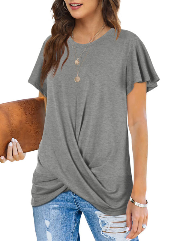 Explosive round neck solid color hem kink short-sleeved T-shirt - THE QUEEN RUNWAY