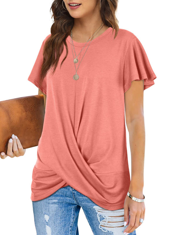 Explosive round neck solid color hem kink short-sleeved T-shirt - THE QUEEN RUNWAY