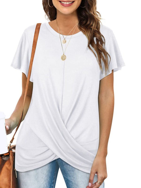 Explosive round neck solid color hem kink short-sleeved T-shirt - THE QUEEN RUNWAY