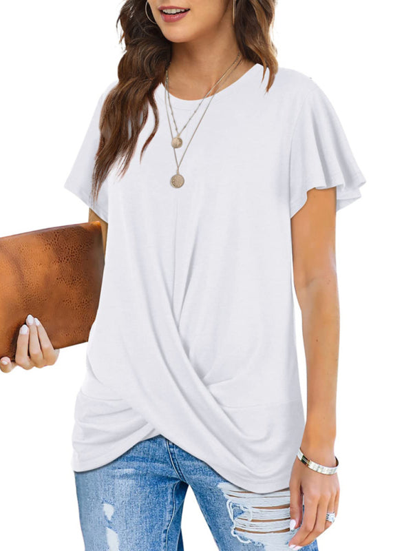 Explosive round neck solid color hem kink short-sleeved T-shirt - THE QUEEN RUNWAY