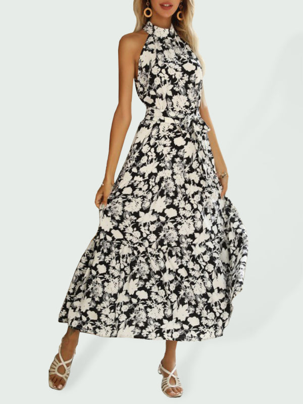 Summer French Halter Neck Sleeveless Slit Print Sexy Dress - THE QUEEN RUNWAY