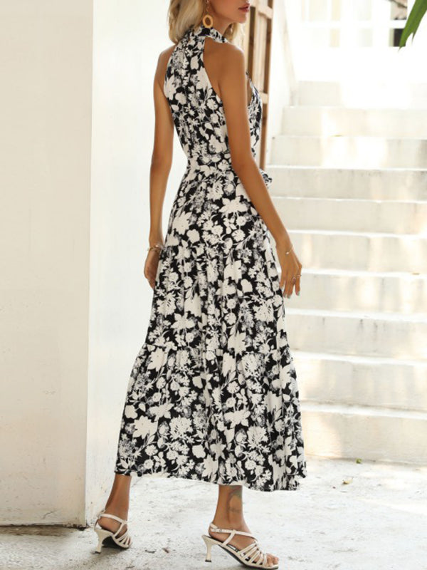Summer French Halter Neck Sleeveless Slit Print Sexy Dress - THE QUEEN RUNWAY