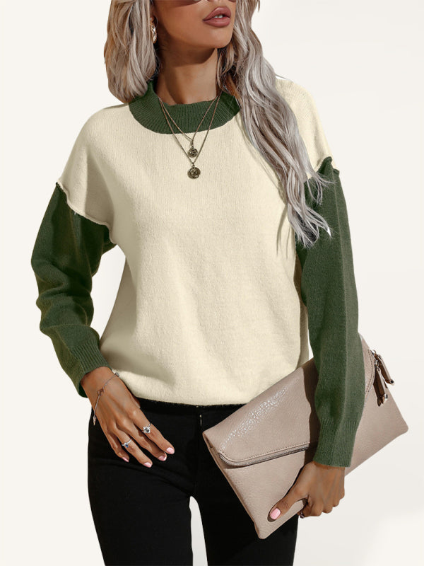 Women's casual color contrast loose long-sleeved pullover sweater - THE QUEEN RUNWAY