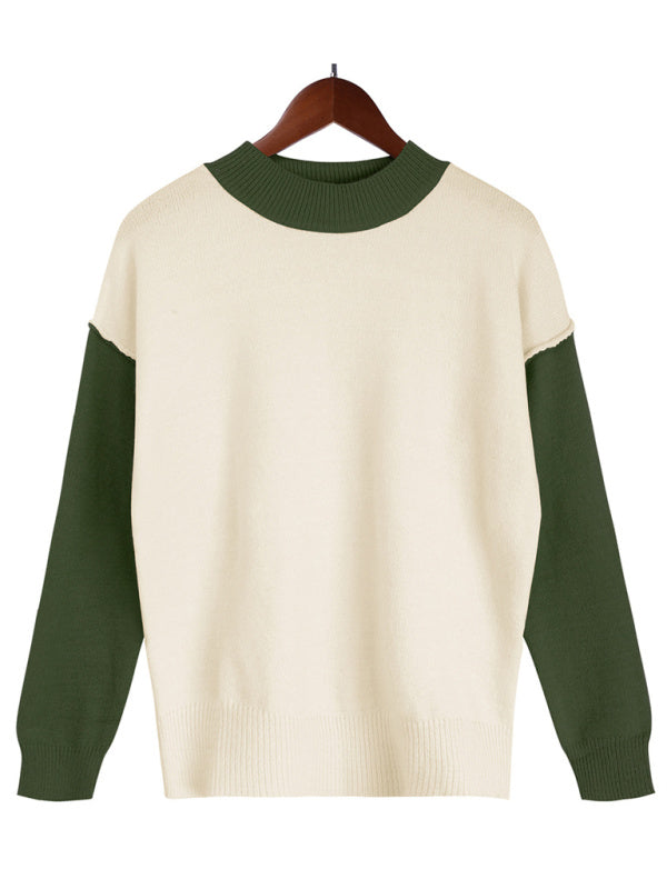 Women's casual color contrast loose long-sleeved pullover sweater - THE QUEEN RUNWAY