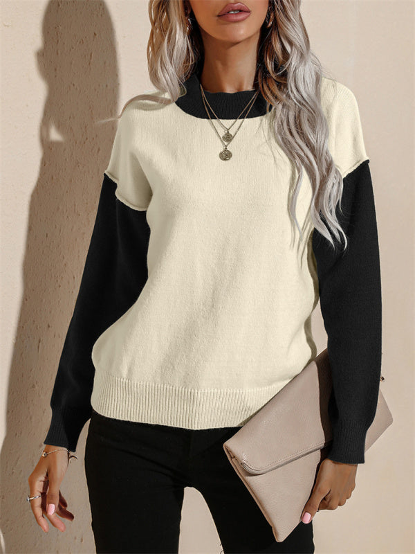 Women's casual color contrast loose long-sleeved pullover sweater - THE QUEEN RUNWAY