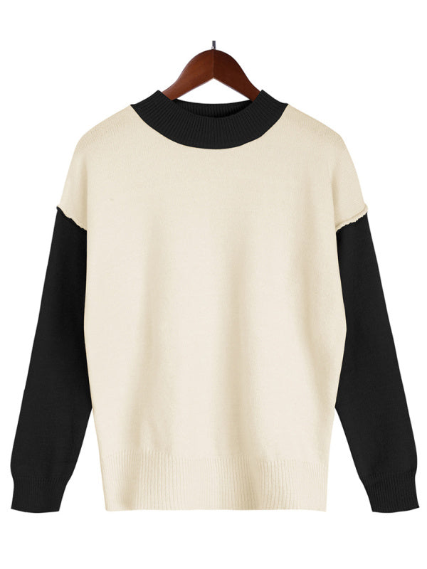 Women's casual color contrast loose long-sleeved pullover sweater - THE QUEEN RUNWAY