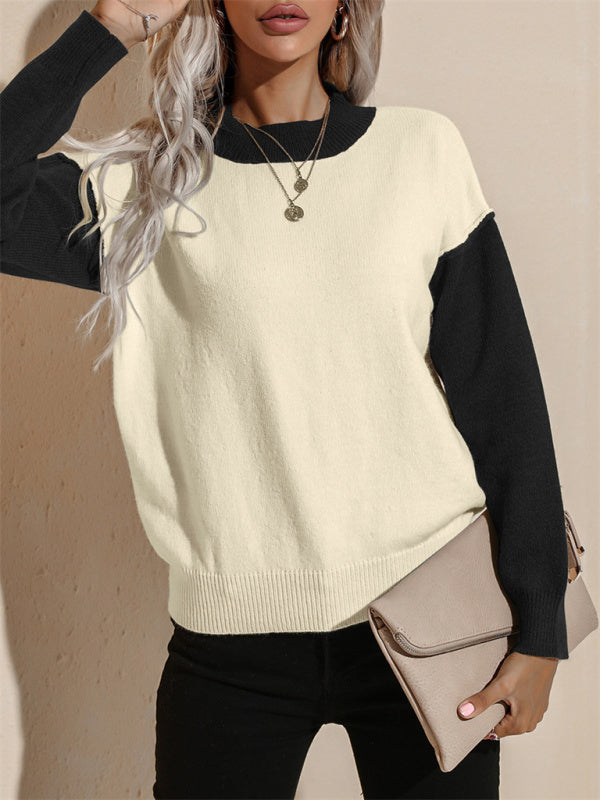 Women's casual color contrast loose long-sleeved pullover sweater - THE QUEEN RUNWAY