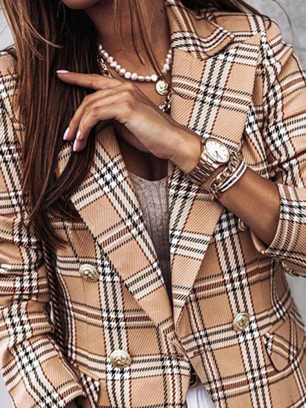 Women's Plaid Cotton And Linen Double Breasted Blazer - THE QUEEN RUNWAY