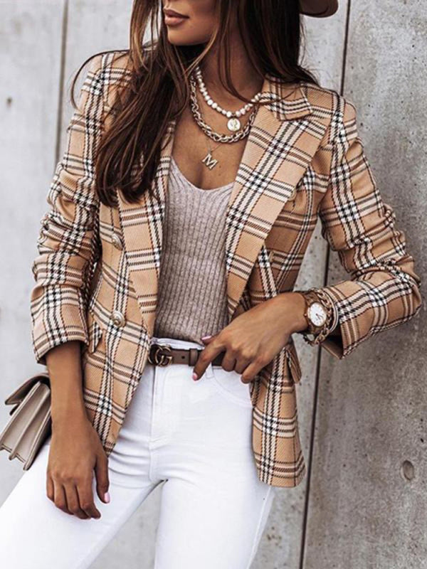 Women's Plaid Cotton And Linen Double Breasted Blazer - THE QUEEN RUNWAY