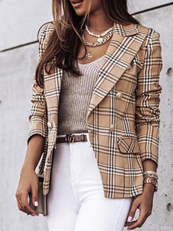 Women's Plaid Cotton And Linen Double Breasted Blazer - THE QUEEN RUNWAY