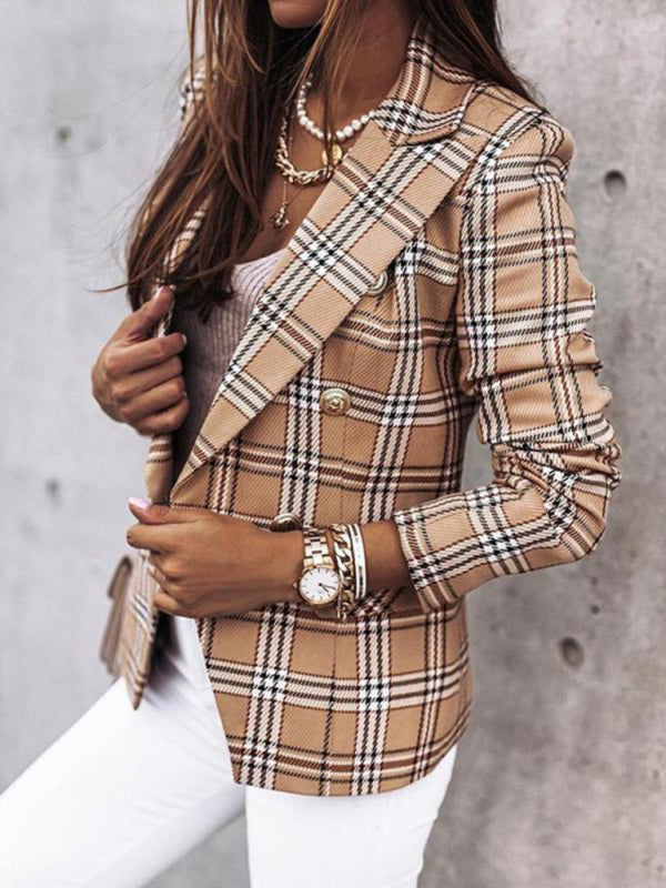 Women's Plaid Cotton And Linen Double Breasted Blazer - THE QUEEN RUNWAY